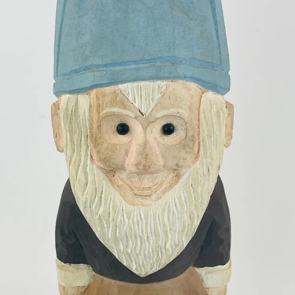 Hand-Carved Wooden Gnome Tall Blue Hat White Beard 12 1/2’